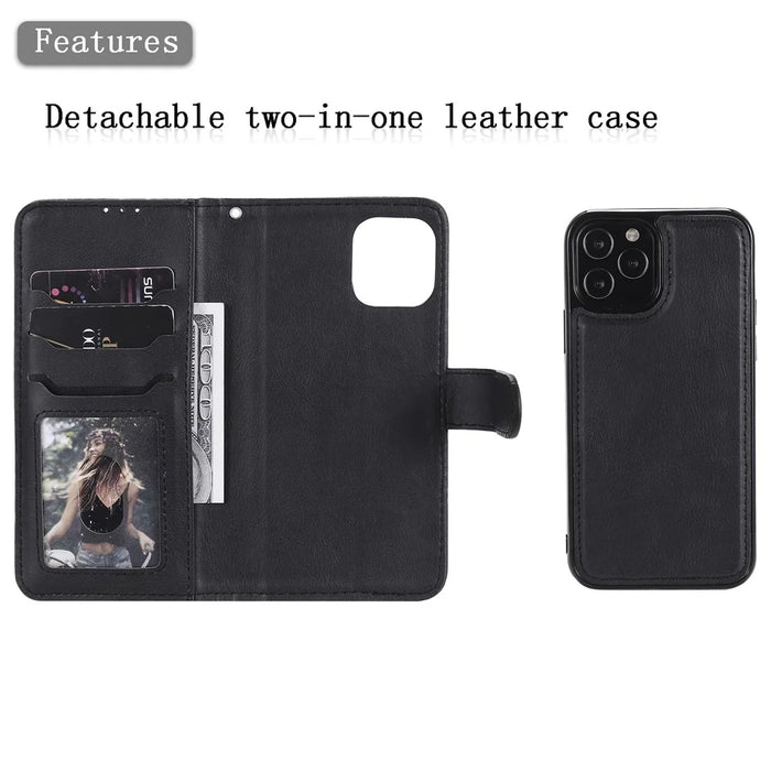 For iPhone 12  / 12 Pro Case 2 in 1 Detachable Magnetic Leather Wallet Mobile Cover with Strap - Black - 2