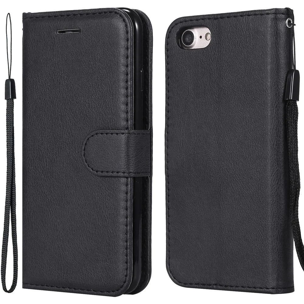 For iPhone 7 4.7 inch / 8 4.7 inch / SE (2020) / SE (2022) Case Solid Color Leather Mobile Cover Wallet Stand with Strap - Black - 1