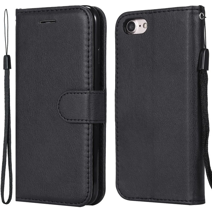 For iPhone 7 4.7 inch / 8 4.7 inch / SE (2020) / SE (2022) Case Solid Color Leather Mobile Cover Wallet Stand with Strap - Black - 1