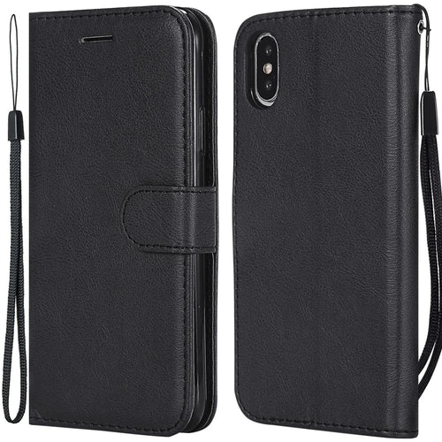 For iPhone X / XS 5.8 inch Case Solid Color Leather Mobile Cover Wallet Stand with Strap - Black - 1