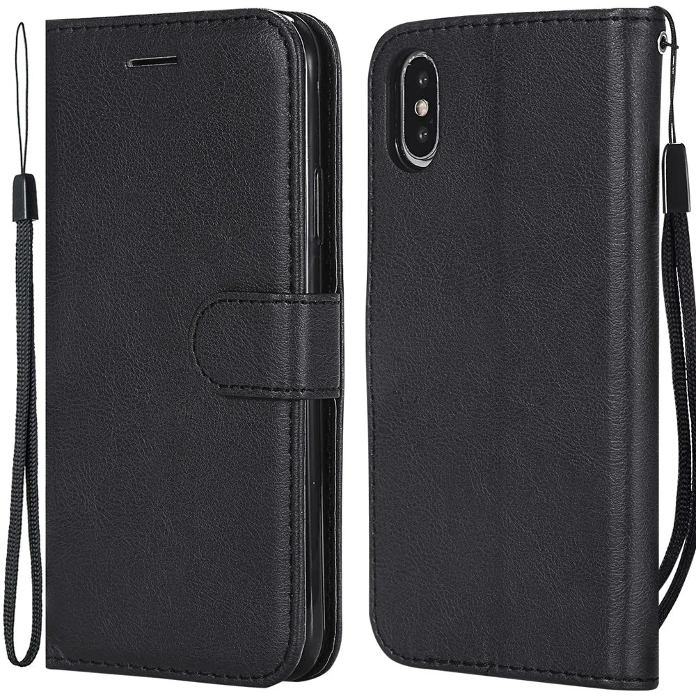 For iPhone X / XS 5.8 inch Case Solid Color Leather Mobile Cover Wallet Stand with Strap - Black - 1