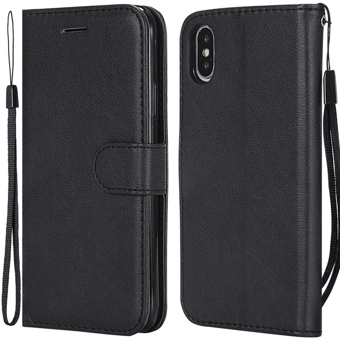 For iPhone X / XS 5.8 inch Case Solid Color Leather Mobile Cover Wallet Stand with Strap - Black - 1