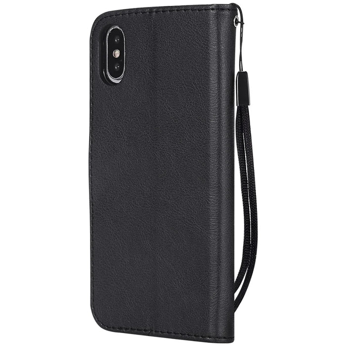For iPhone X / XS 5.8 inch Case Solid Color Leather Mobile Cover Wallet Stand with Strap - Black - 3