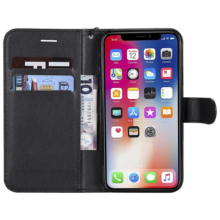 For iPhone X / XS 5.8 inch Case Solid Color Leather Mobile Cover Wallet Stand with Strap - Black - 4