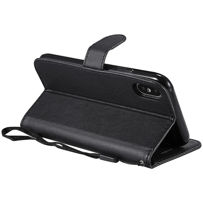 For iPhone X / XS 5.8 inch Case Solid Color Leather Mobile Cover Wallet Stand with Strap - Black - 5