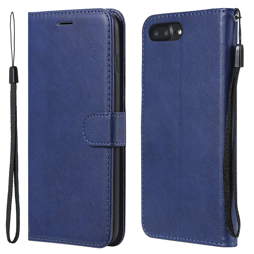 For iPhone 7 Plus 5.5 inch / 8 Plus 5.5 inch Case Solid Color Leather Mobile Cover Wallet Stand with Strap - Blue - 1
