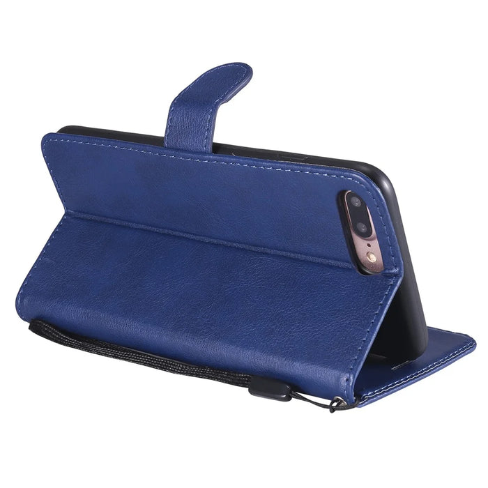 For iPhone 7 Plus 5.5 inch / 8 Plus 5.5 inch Case Solid Color Leather Mobile Cover Wallet Stand with Strap - Blue - 5