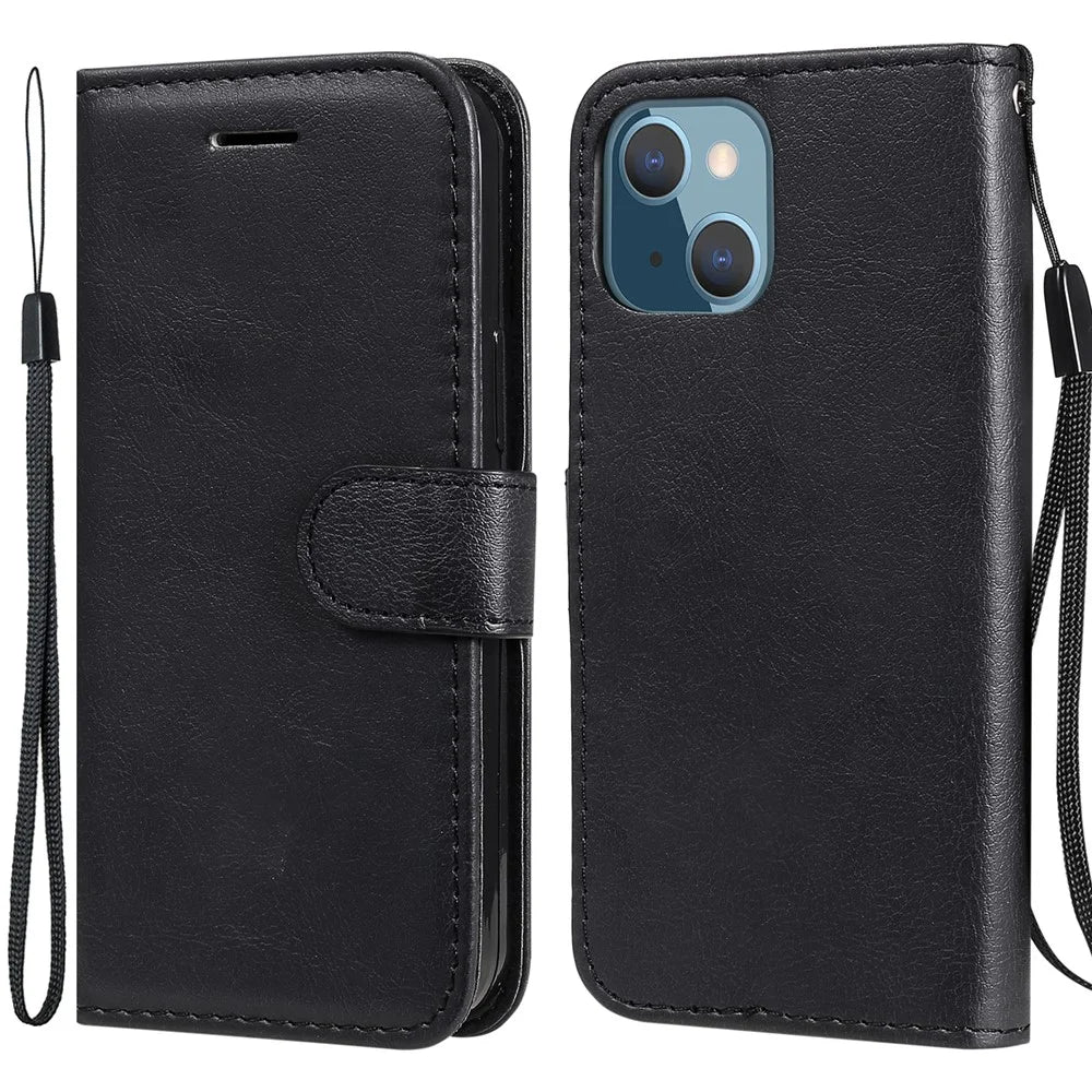 For iPhone 13 mini 5.4 inch Case Solid Color Leather Mobile Cover Wallet Stand with Strap - Black - 1