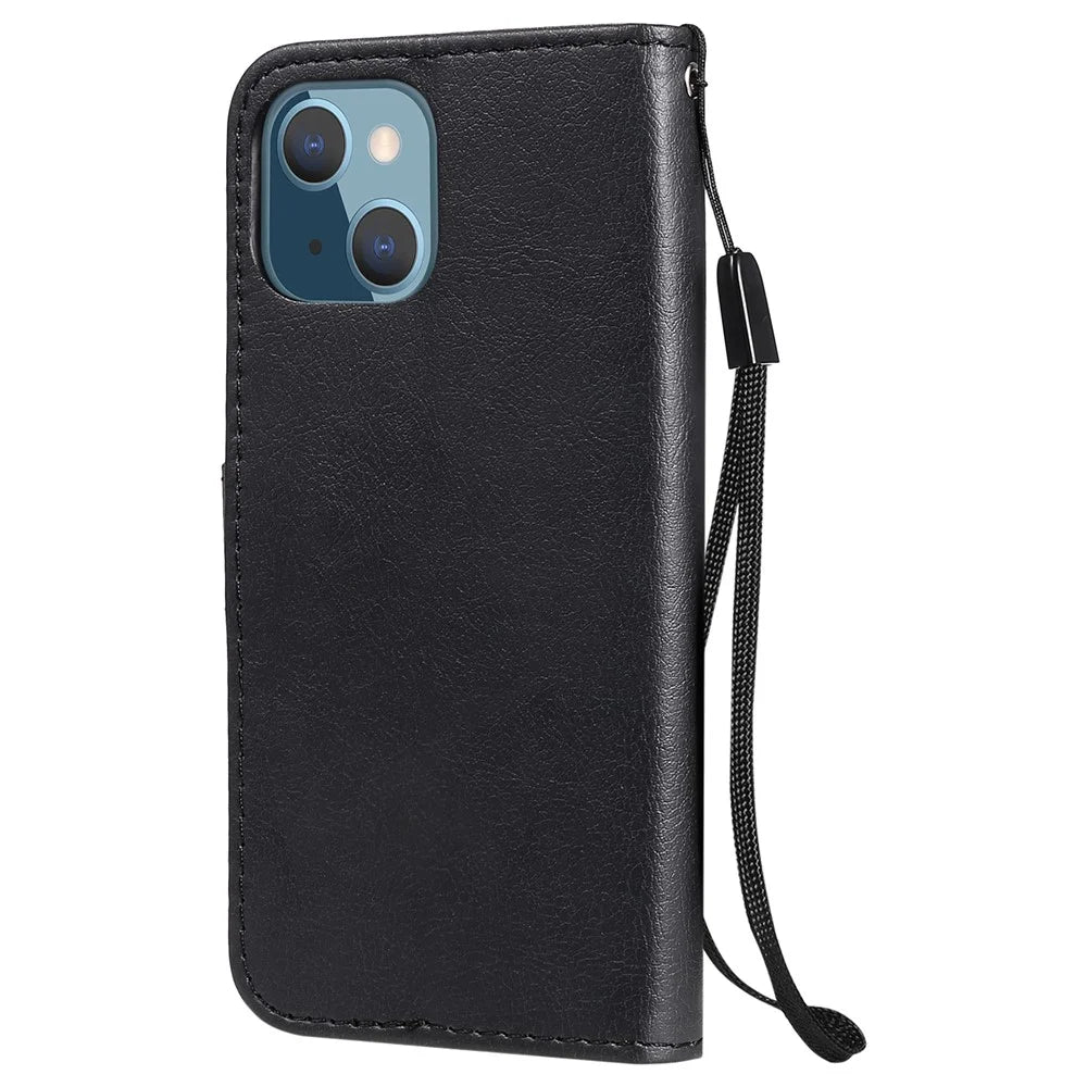 For iPhone 13 mini 5.4 inch Case Solid Color Leather Mobile Cover Wallet Stand with Strap - Black - 3