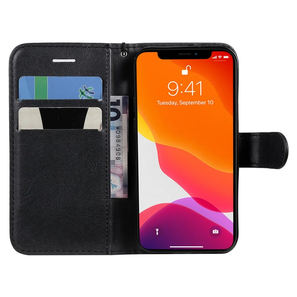 For iPhone 13 mini 5.4 inch Case Solid Color Leather Mobile Cover Wallet Stand with Strap - Black - 4