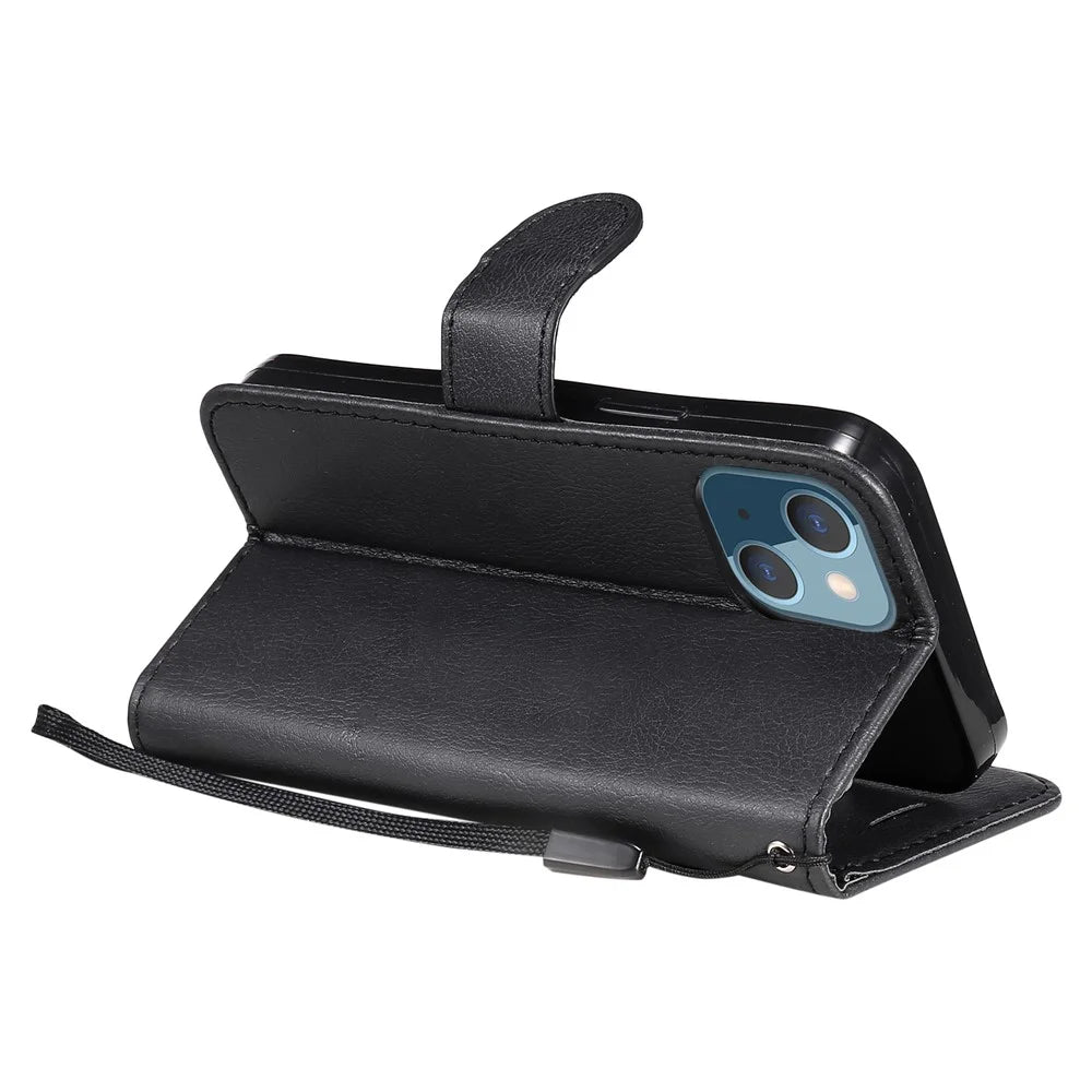 For iPhone 13 mini 5.4 inch Case Solid Color Leather Mobile Cover Wallet Stand with Strap - Black - 5