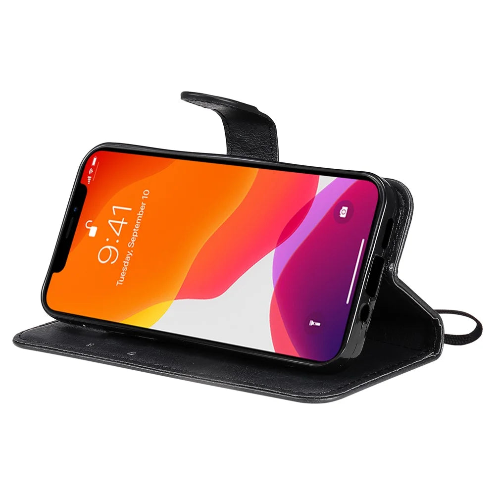 For iPhone 13 mini 5.4 inch Case Solid Color Leather Mobile Cover Wallet Stand with Strap - Black - 6