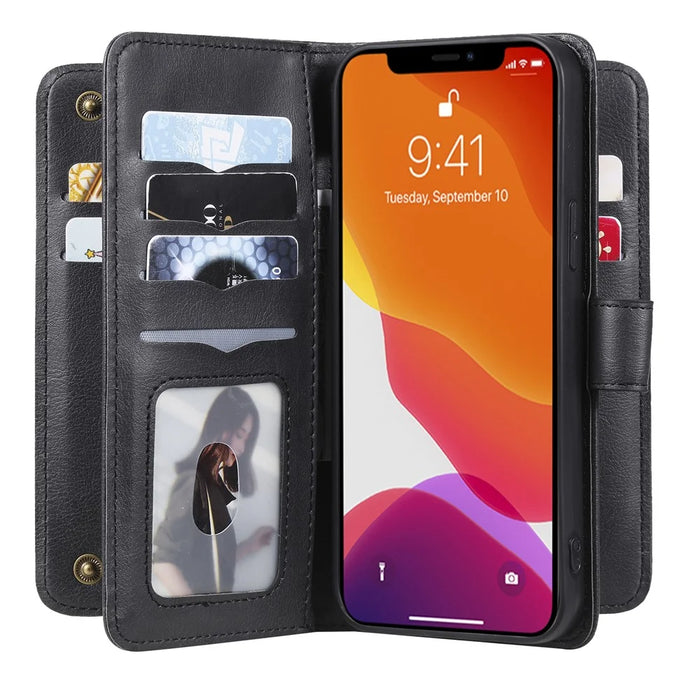 For iPhone 13 Pro Max Leather Case with 10 Card Holder Phone Cover Stand - Black - 1