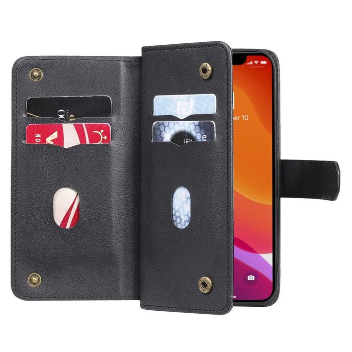 For iPhone 13 Pro Max Leather Case with 10 Card Holder Phone Cover Stand - Black - 4
