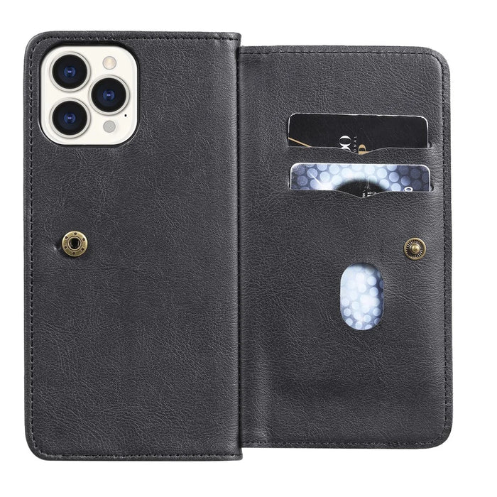 For iPhone 13 Pro Max Leather Case with 10 Card Holder Phone Cover Stand - Black - 7