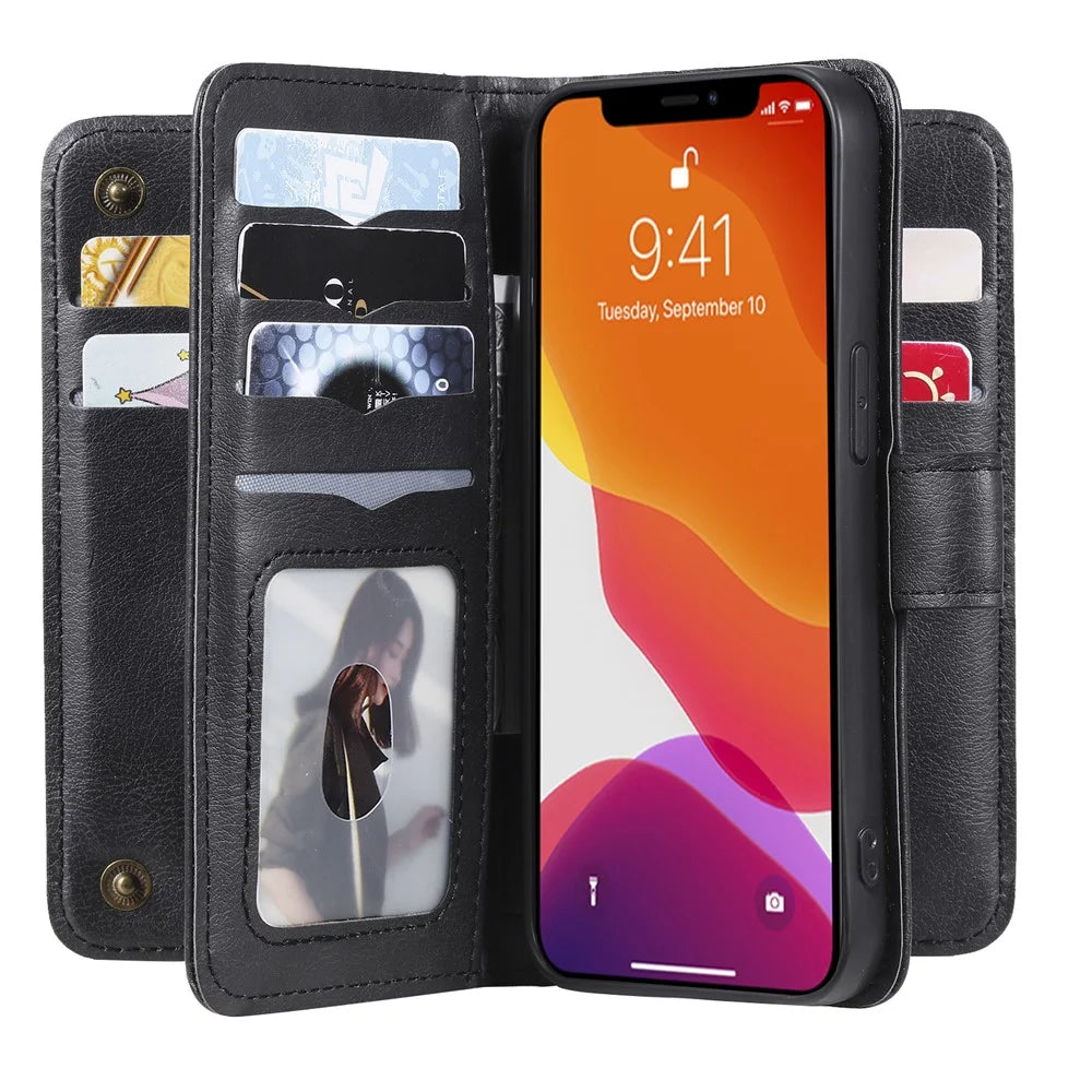 For iPhone 13 Pro Leather Case with 10 Card Holder Phone Cover Stand - Black - 1