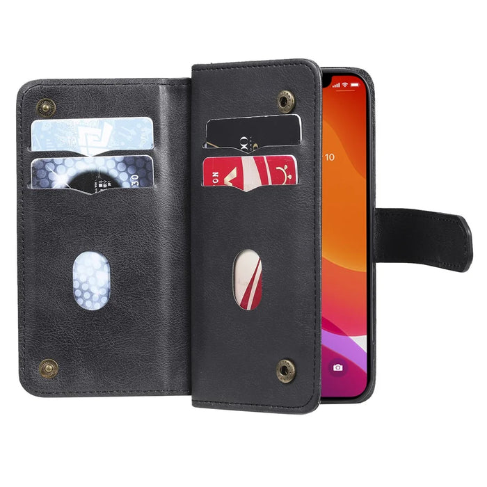 For iPhone 13 Pro Leather Case with 10 Card Holder Phone Cover Stand - Black - 4