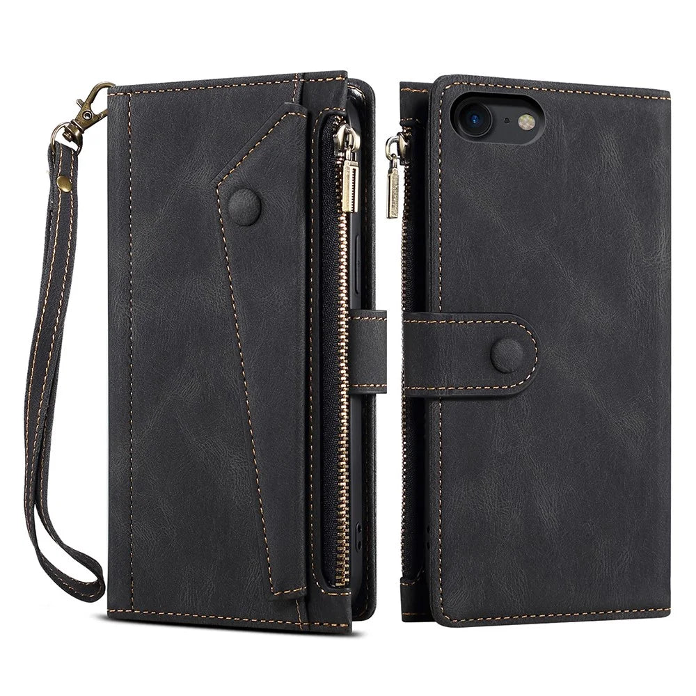 Zippered Wallet Wrist Strap Slots Case All-round Protection Phone Cover with Stand for Apple iPhone 7 4.7 inch/8 4.7 inch/SE (2020)/SE (2022) - Black - 1