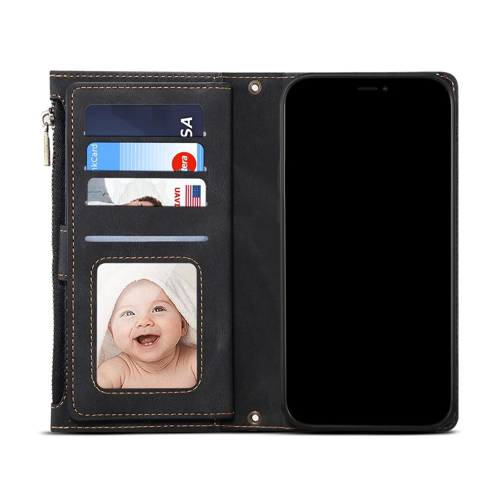 Zippered Wallet Wrist Strap Slots Case All-round Protection Phone Cover with Stand for Apple iPhone 7 4.7 inch/8 4.7 inch/SE (2020)/SE (2022) - Black - 3