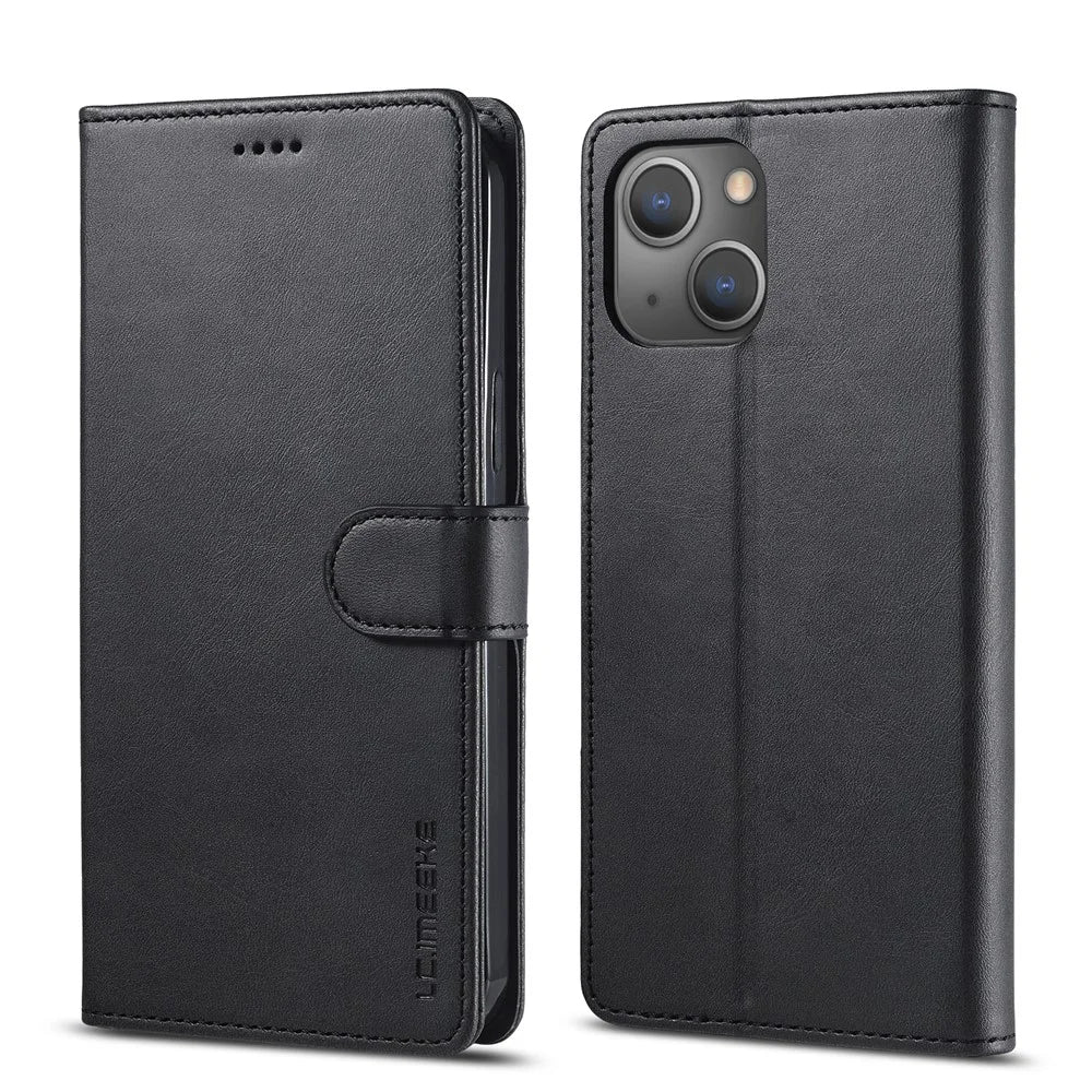 LC.IMEEKE PU Leather Phone Protector Case for iPhone 13 6.1 inch Folio Flip Wallet Card Slots Stand Design - Black - 1