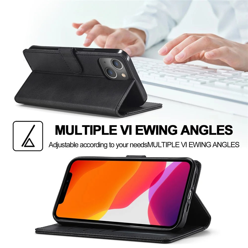 LC.IMEEKE PU Leather Phone Protector Case for iPhone 13 6.1 inch Folio Flip Wallet Card Slots Stand Design - Black - 4