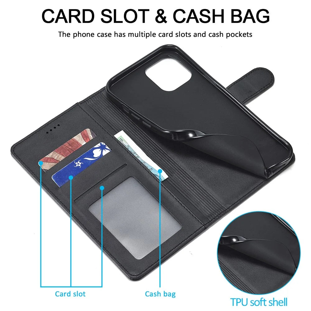 LC.IMEEKE PU Leather Phone Protector Case for iPhone 13 6.1 inch Folio Flip Wallet Card Slots Stand Design - Black - 5