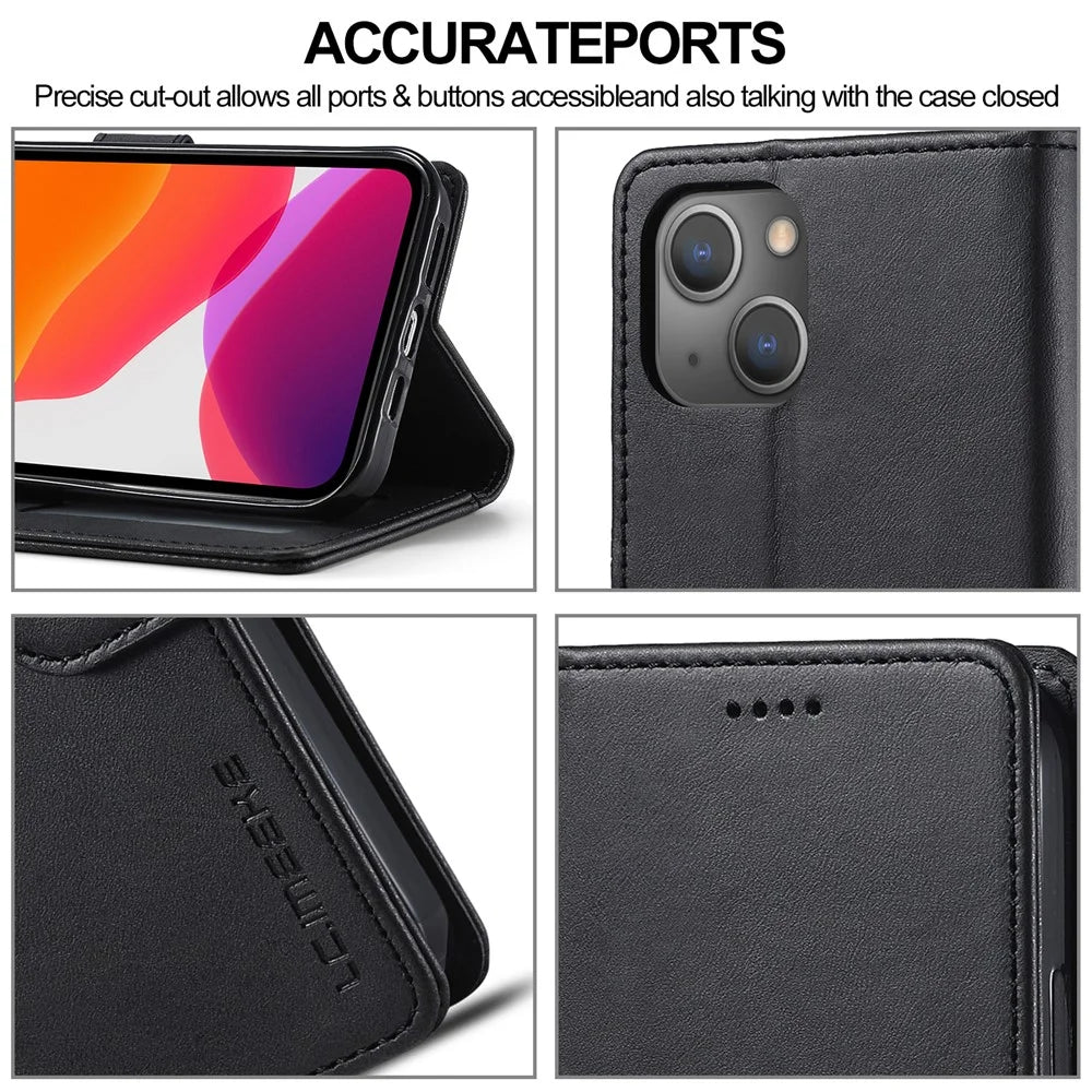 LC.IMEEKE PU Leather Phone Protector Case for iPhone 13 6.1 inch Folio Flip Wallet Card Slots Stand Design - Black - 7
