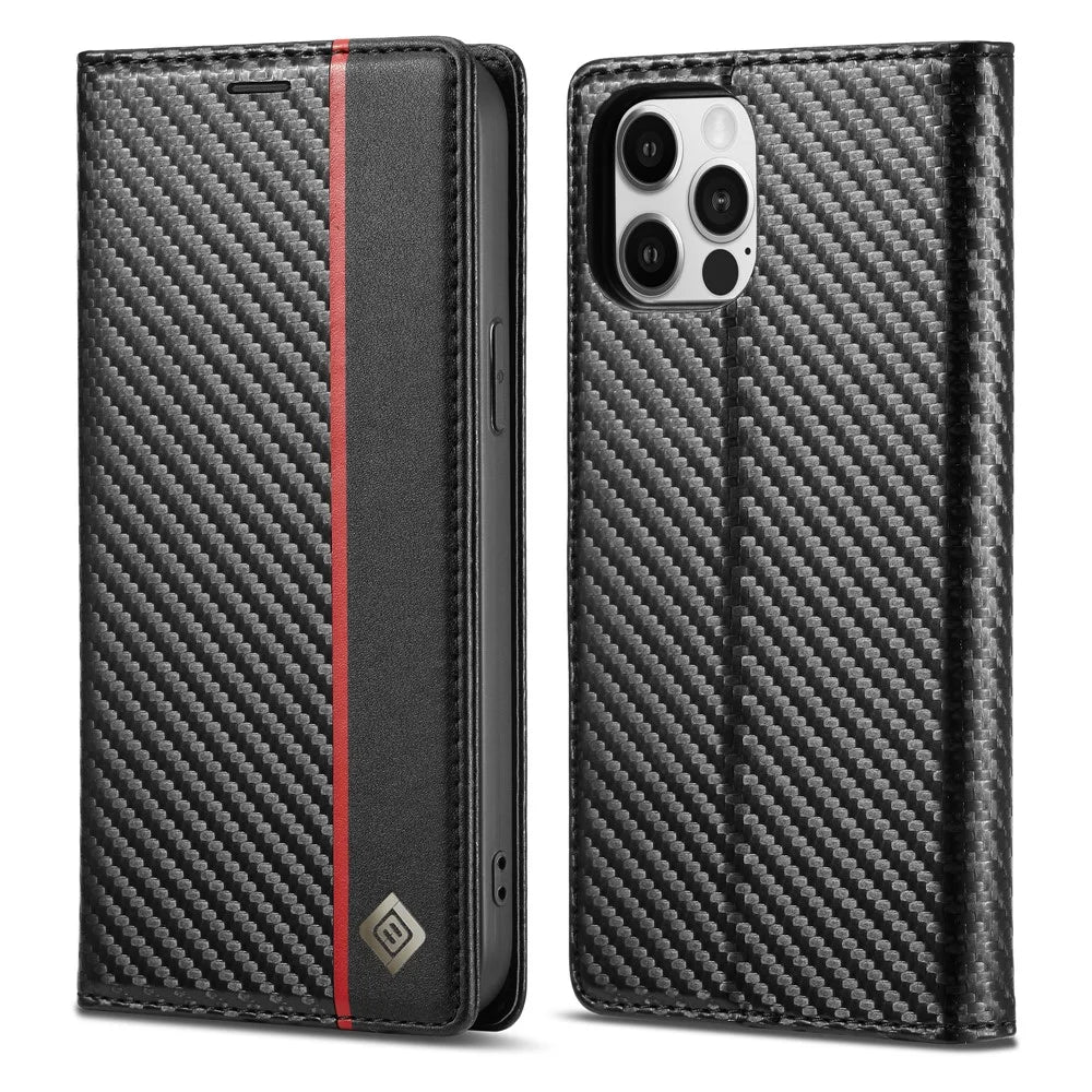 LC.IMEEKE Wallet Stand Leather Case Carbon Fiber Texture Phone Cover for iPhone 13 Pro 6.1 inch - Vertical Red Stripe - 1