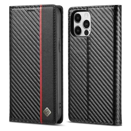 LC.IMEEKE Wallet Stand Leather Case Carbon Fiber Texture Phone Cover for iPhone 13 Pro 6.1 inch - Vertical Red Stripe - 1