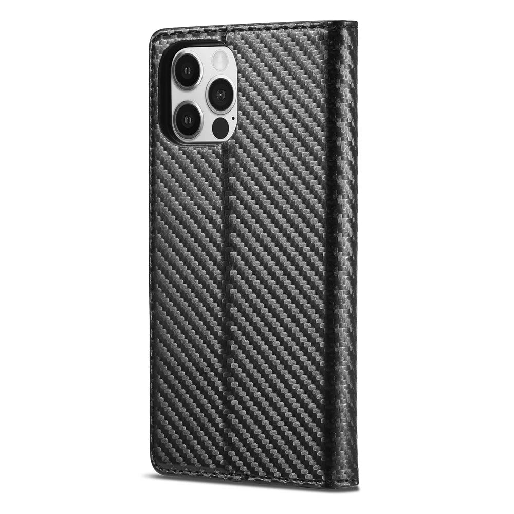 LC.IMEEKE Wallet Stand Leather Case Carbon Fiber Texture Phone Cover for iPhone 13 Pro 6.1 inch - Vertical Red Stripe - 2
