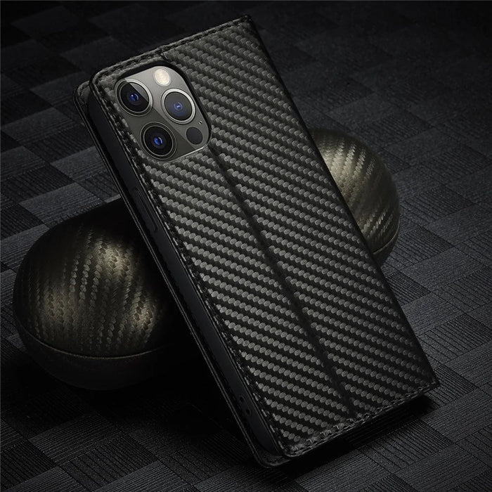 LC.IMEEKE Wallet Stand Leather Case Carbon Fiber Texture Phone Cover for iPhone 13 Pro 6.1 inch - Vertical Red Stripe - 6