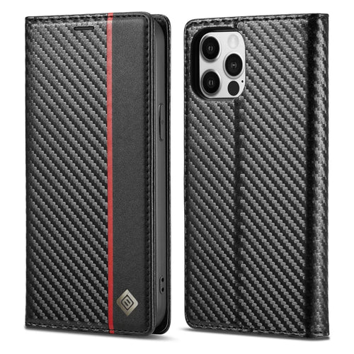 LC.IMEEKE Carbon Fiber Texture Splicing Wallet Design Leather Phone Cover Shell for iPhone 13 Pro Max 6.7 inch - Vertical Red Stripe - 1