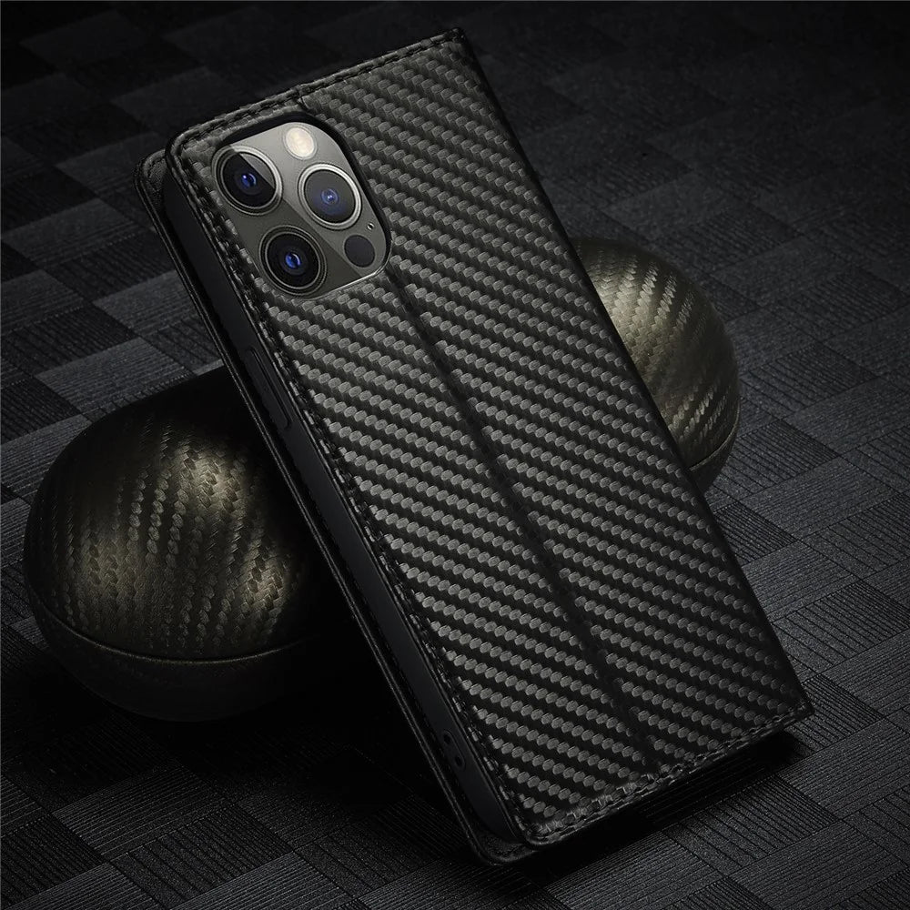 LC.IMEEKE Carbon Fiber Texture Splicing Wallet Design Leather Phone Cover Shell for iPhone 13 Pro Max 6.7 inch - Vertical Red Stripe - 6