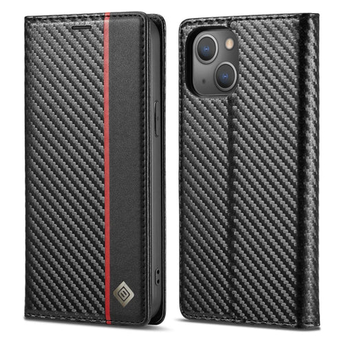 LC.IMEEKE Stand Wallet Design Carbon Fiber Texture Splicing Leather Case Shell for iPhone 13 6.1 inch - Vertical Red Stripe - 1