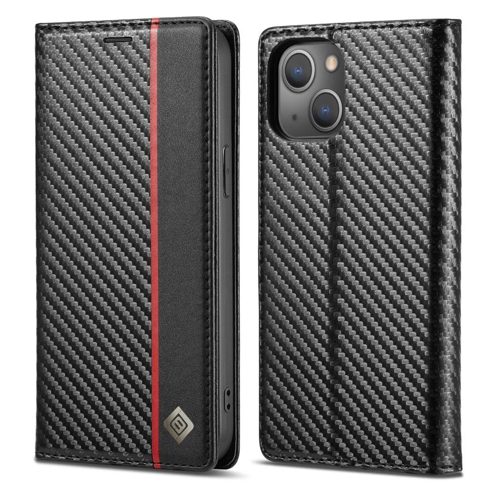 LC.IMEEKE Stand Wallet Design Carbon Fiber Texture Splicing Leather Case Shell for iPhone 13 6.1 inch - Vertical Red Stripe - 1
