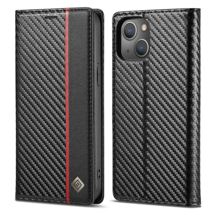 LC.IMEEKE Stand Wallet Design Carbon Fiber Texture Splicing Leather Case Shell for iPhone 13 6.1 inch - Vertical Red Stripe - 1