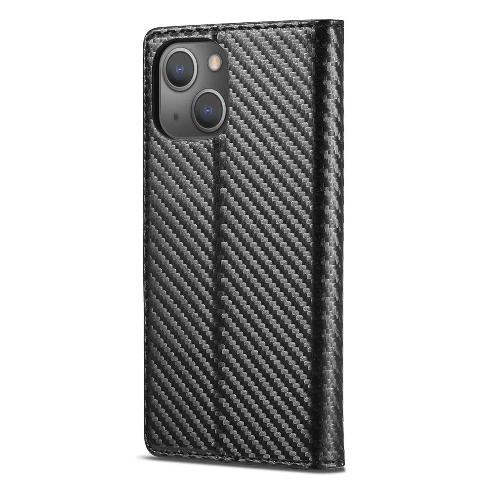 LC.IMEEKE Stand Wallet Design Carbon Fiber Texture Splicing Leather Case Shell for iPhone 13 6.1 inch - Vertical Red Stripe - 2