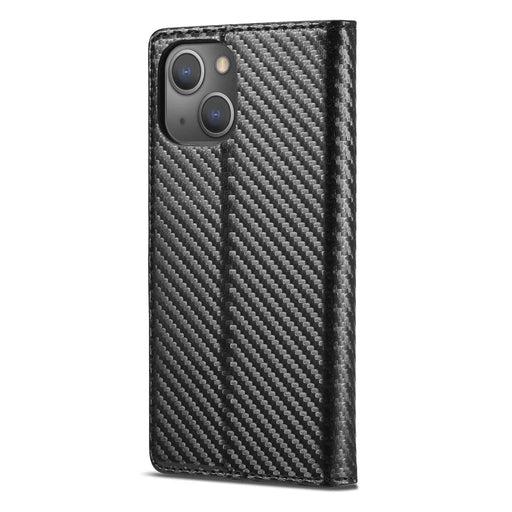 LC.IMEEKE Stand Wallet Design Carbon Fiber Texture Splicing Leather Case Shell for iPhone 13 6.1 inch - Vertical Red Stripe - 2