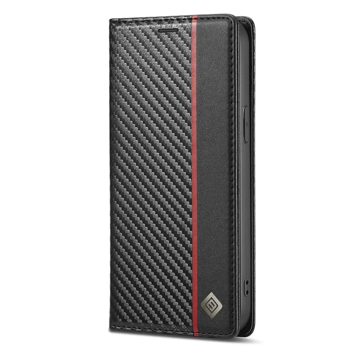 LC.IMEEKE Stand Wallet Design Carbon Fiber Texture Splicing Leather Case Shell for iPhone 13 6.1 inch - Vertical Red Stripe - 3
