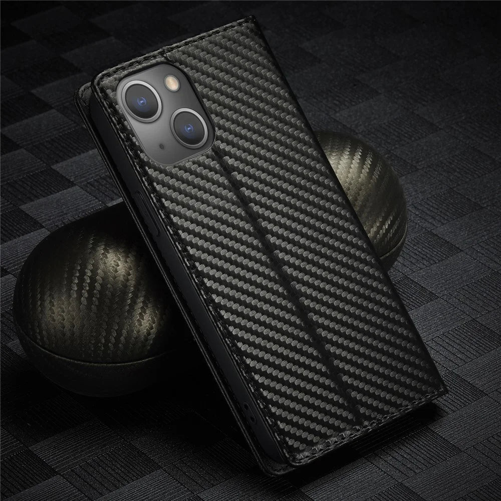 LC.IMEEKE Stand Wallet Design Carbon Fiber Texture Splicing Leather Case Shell for iPhone 13 6.1 inch - Vertical Red Stripe - 6