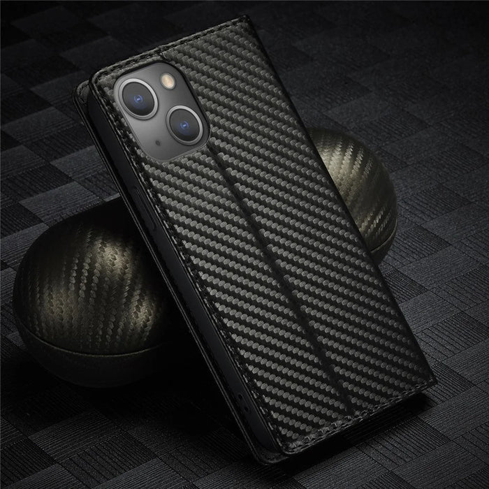 LC.IMEEKE Stand Wallet Design Carbon Fiber Texture Splicing Leather Case Shell for iPhone 13 6.1 inch - Vertical Red Stripe - 6