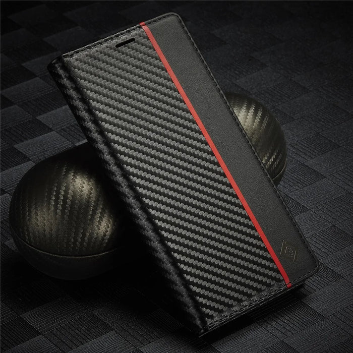 LC.IMEEKE Stand Wallet Design Carbon Fiber Texture Splicing Leather Case Shell for iPhone 13 6.1 inch - Vertical Red Stripe - 7