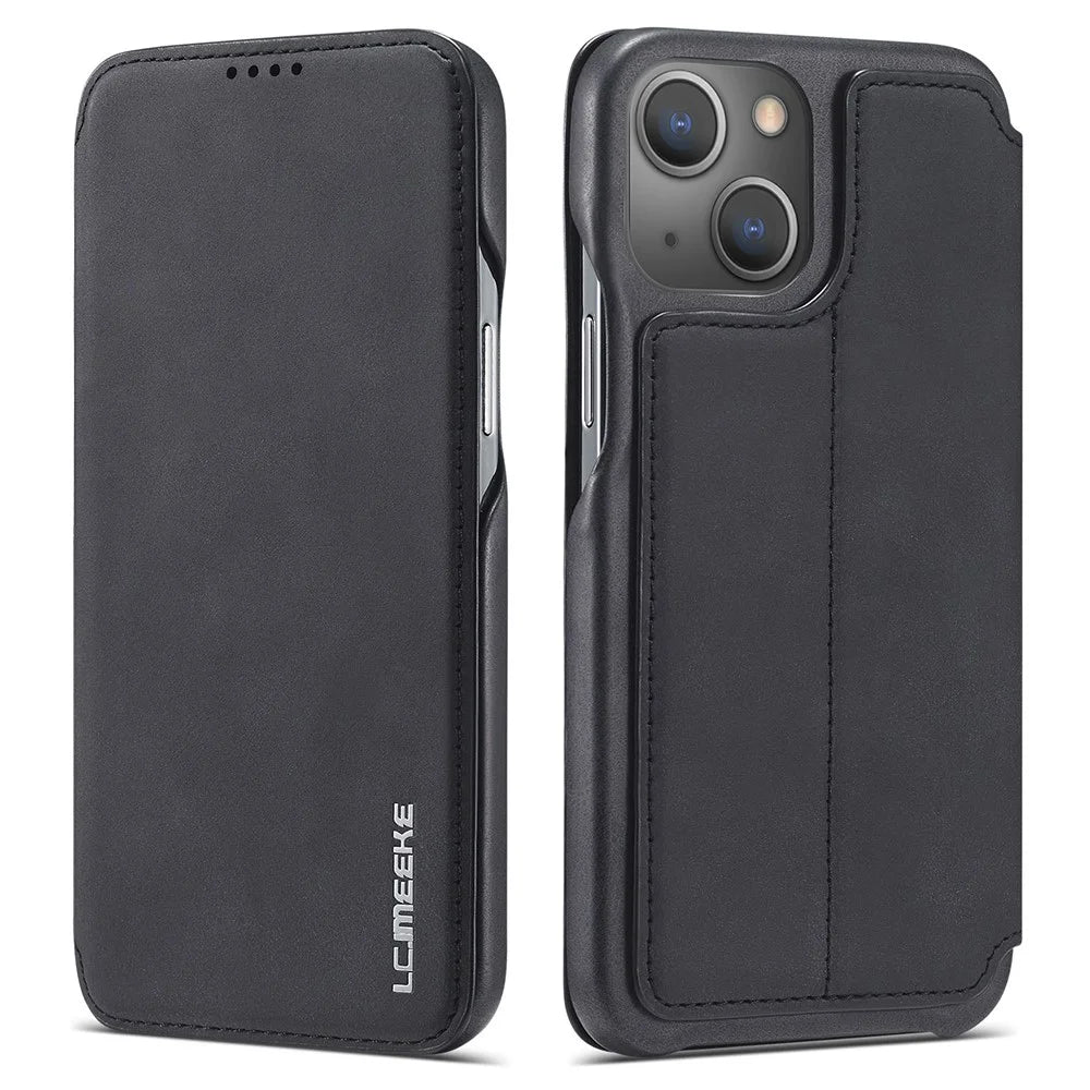LC.IMEEKE Retro Style PU Leather Phone Case Shell with Card Slot for iPhone 13 mini 5.4 inch - Black - 1