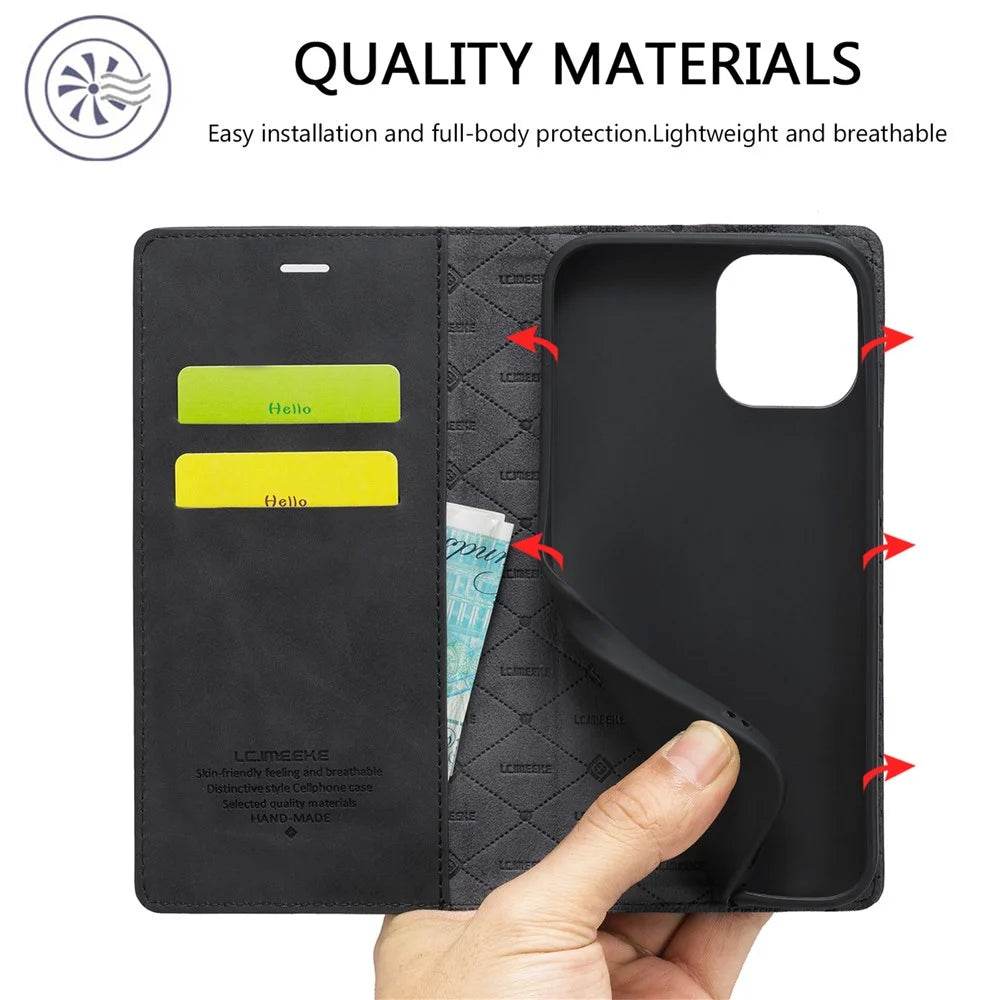 LC.IMEEKE LC Strong Magnetic Series Wallet Stand Design Shockproof PU Leather Phone Case Cover for iPhone 13 Pro 6.1 inch - Black - 5