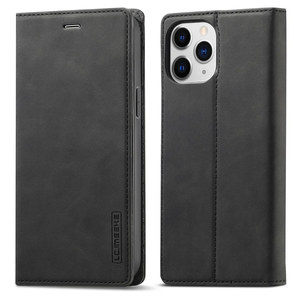 LC.IMEEKE LC Strong Magnetic Series Auto-absorbed Leather Stand Phone Shell with Wallet for iPhone 13 Pro Max 6.7 inch - Black - 1