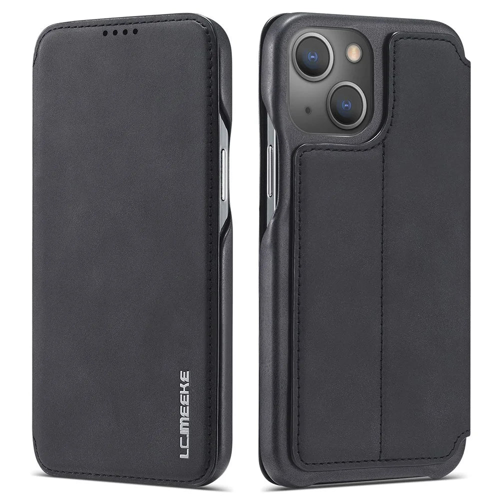 LC.IMEEKE Retro Style Card Holder Stand Design Leather Phone Case Cover for iPhone 13 6.1 inch - Black - 1