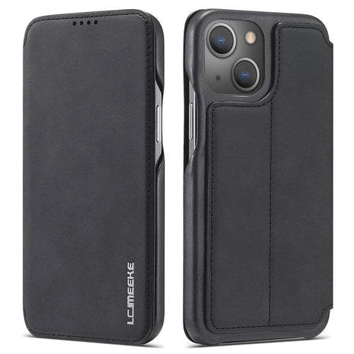 LC.IMEEKE Retro Style Card Holder Stand Design Leather Phone Case Cover for iPhone 13 6.1 inch - Black - 1