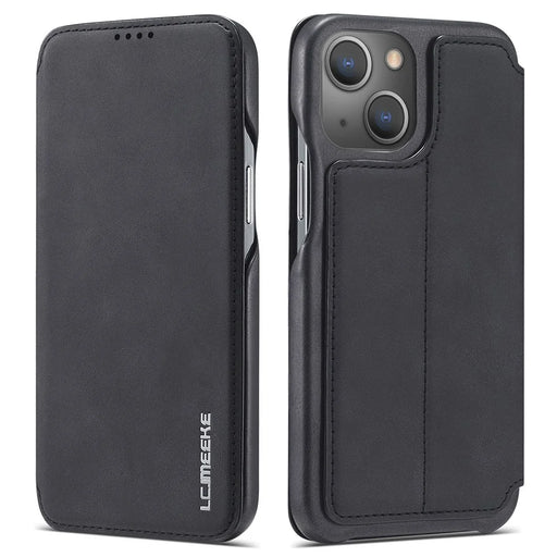 LC.IMEEKE Retro Style Card Holder Stand Design Leather Phone Case Cover for iPhone 13 6.1 inch - Black - 1