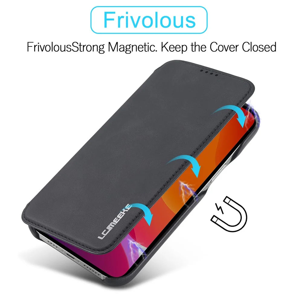 LC.IMEEKE Retro Style Card Holder Stand Design Leather Phone Case Cover for iPhone 13 6.1 inch - Black - 5