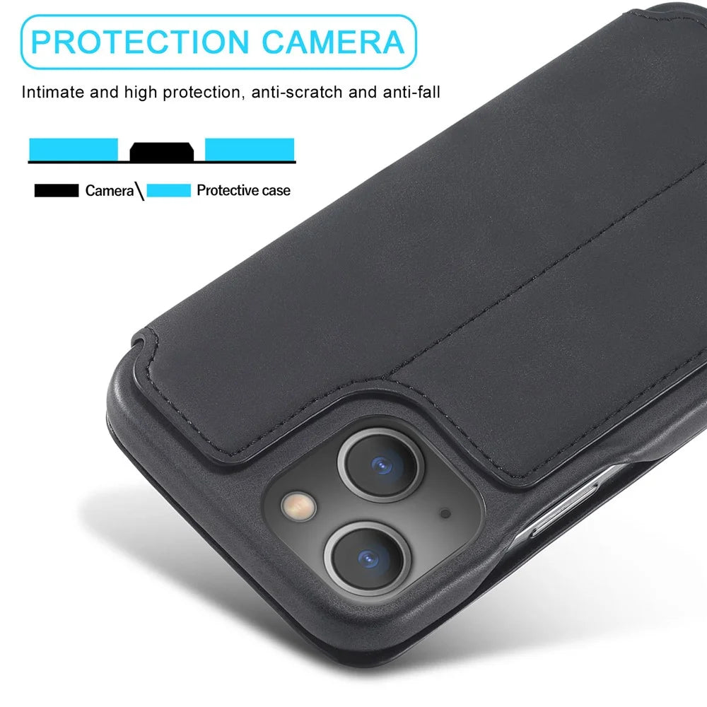 LC.IMEEKE Retro Style Card Holder Stand Design Leather Phone Case Cover for iPhone 13 6.1 inch - Black - 6